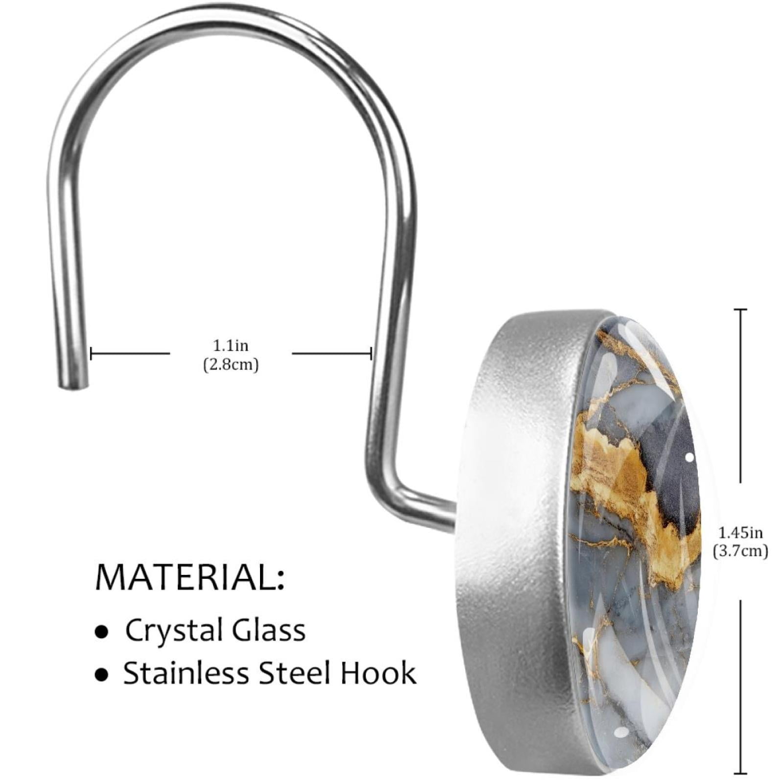 Gold Marble Shower Curtain Hooks Round Crystal Glass, Set of 12 Shower Curtain Rings - Shower Hooks for Curtain Shower Rings
