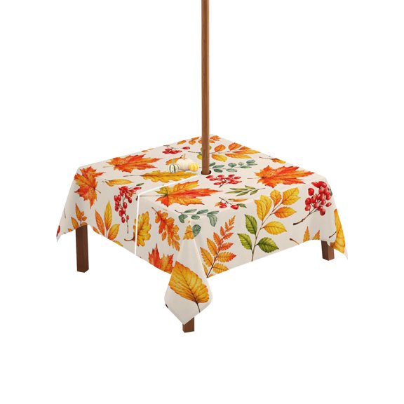 Burnt Orange Maple Table Cloth Rectangle Outdoor Tablecloth, Fall Thanksgiving Leaves Farm Berries Waterproof Wrinkleproof Table Cover with Umbrella Hole and Zipper for Party/Dining/Patio 54x54 Inch