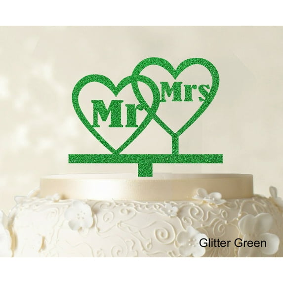 "Mr & Mrs Wedding Cake Topper Personalized Glitter Green Cake Topper Color Option Available 6.5""-7.5"" Inches Wide"