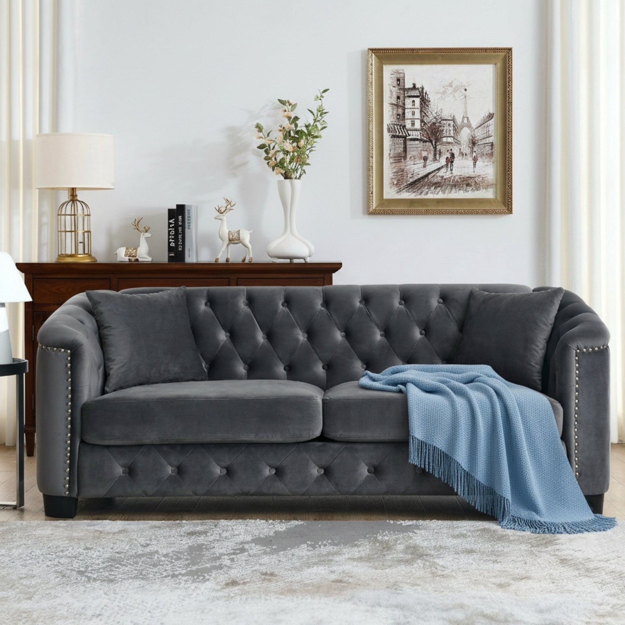Sailvan 77" Modern Chesterfield Velvet Sofa, 3-Seater Tufted Upholstered Couch with Nailhead Trim & 2 Pillows for Living Room, Office Grey