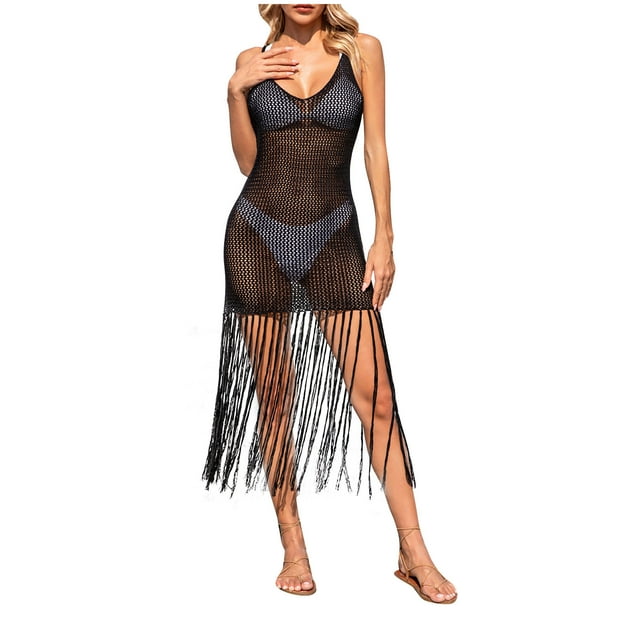 Penkiiy Robe de Plage Crochetée pour Femmes Maillot de Bain Bikini Sans Manches Tricoté Fendu Spaghetti m Noir