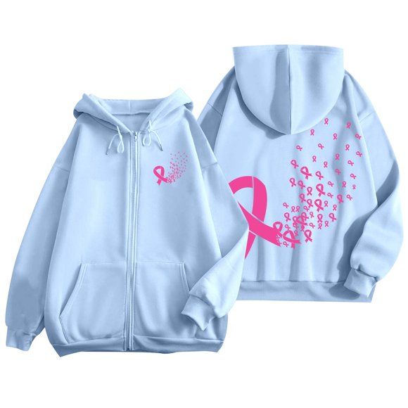Arlun Womens Breast Cancer Awareness Hoodies Full Zipper up Ribbon Graphic Fall Winter Fleece Oversized Sweatshirts Long Sleeve Loose Comfort Jacket with Pockets Sky Blue L