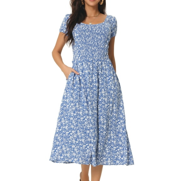 DARING DIVA Crew Neck Short Sleeve Midi Floral Blouse S Blue