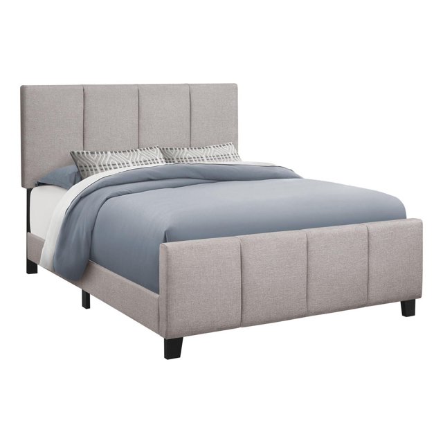 Monarch Specialties Bed, Queen Size, Platform, Bedroom, Frame, Upholstered, Linen Look, Wood Legs, Grey, Transitional