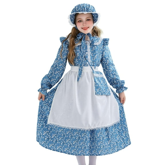 Girl Prairie Dress For Girls Manor Outfit Vintage Themed Childrens Clothing For Festival Casual Girls Outfits Set Sky Blue 160