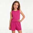 thumbnail image 2 of KPOPLK Girl's 2 Piece Outfits Summer Solid Color Linen Tank Top and Paperbag Waist Striped Shorts Set for 8 9 10 11 12Years(8 Years,Hot Pink), 2 of 7