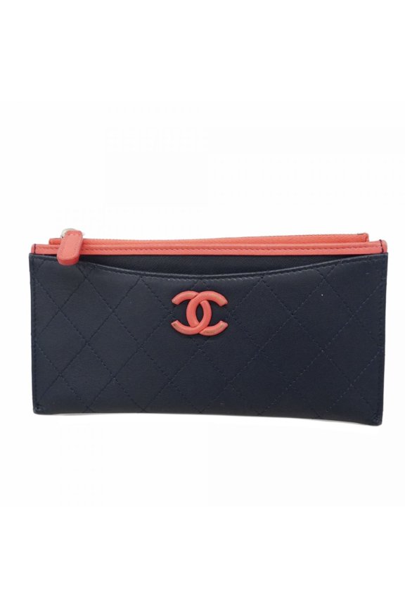 Pre-Owned Chanel Matelasse Long Wallet, Lambskin, Navy Pink, Women's