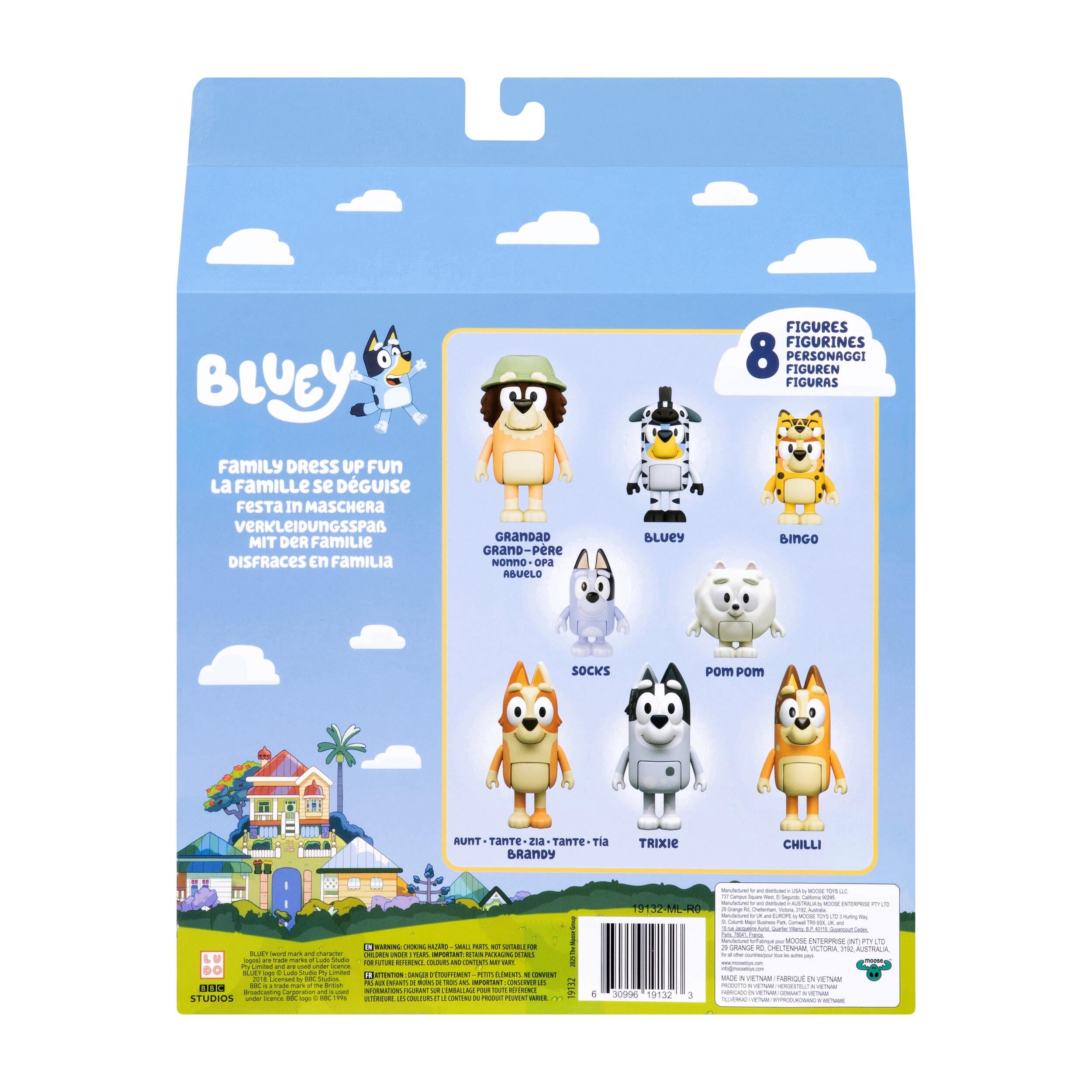 Bluey Family Dress Up Fun 8 Pack, 2.5-3" Figures; Bluey and Bingo Wearing Onesies, Grandad, Socks, Pop Pom, Aunty Brandy, Trixie and Chilli, Ages 3+
