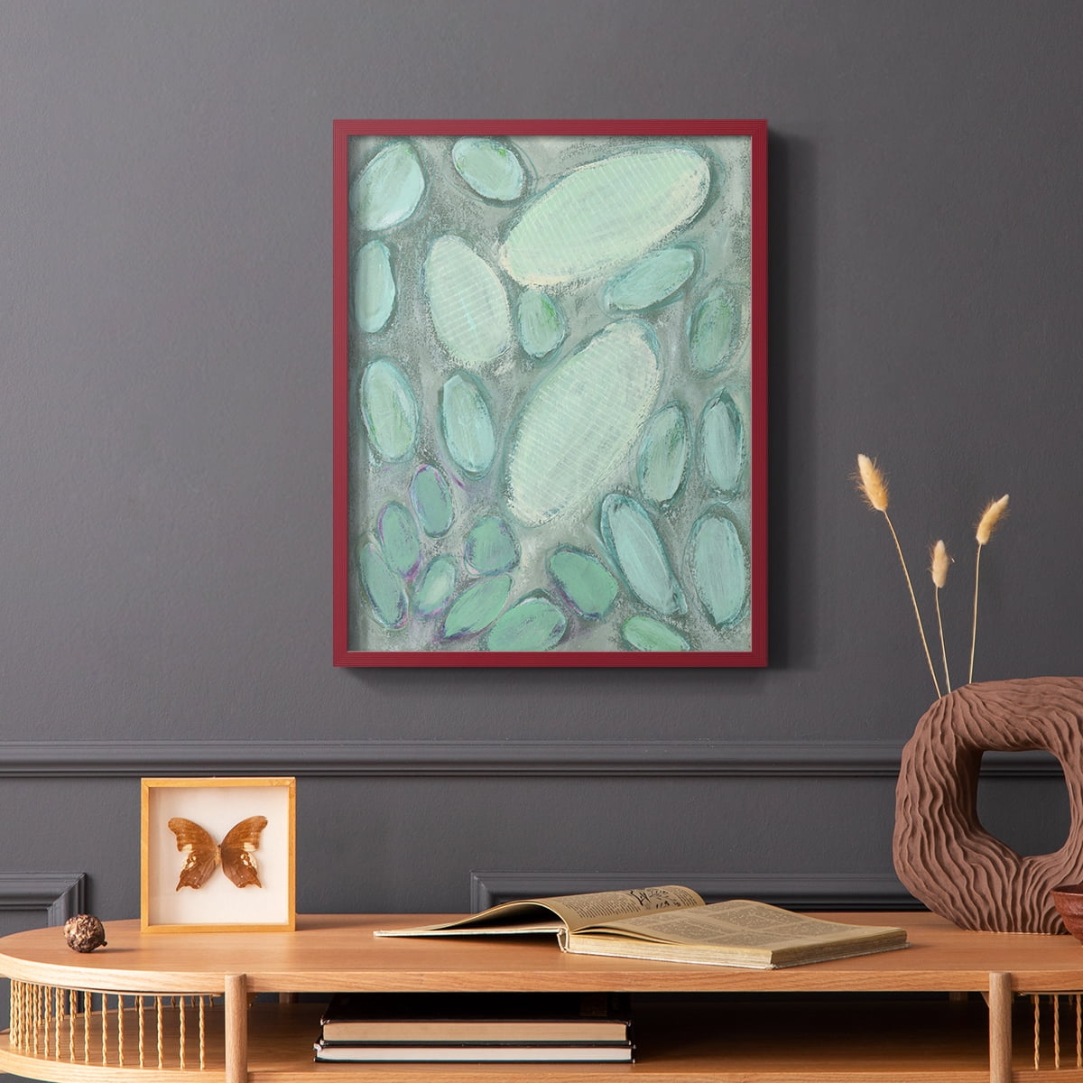 Blue Orbs II Framed Print in Red Solid Wood Framed Print No Nail Hanging