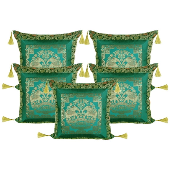 Stylo Culture Ethnic Brocade Living Room Throw Pillow Covers Emerald Green Gold 18 x 18 Jacquard Tassels Couch Cushion Covers 45x45 cm Polydupion Silk Zippered Elephant Pillowcases | Set Of 5
