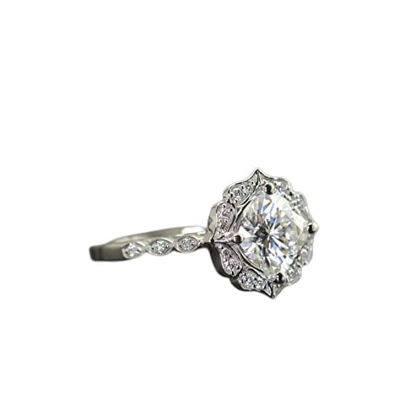HeartsAndYou 3ct Cushion Cut Moissanite Kite Set Vintage Inspired Engagement Ring for Women 18k White Gold over Silver