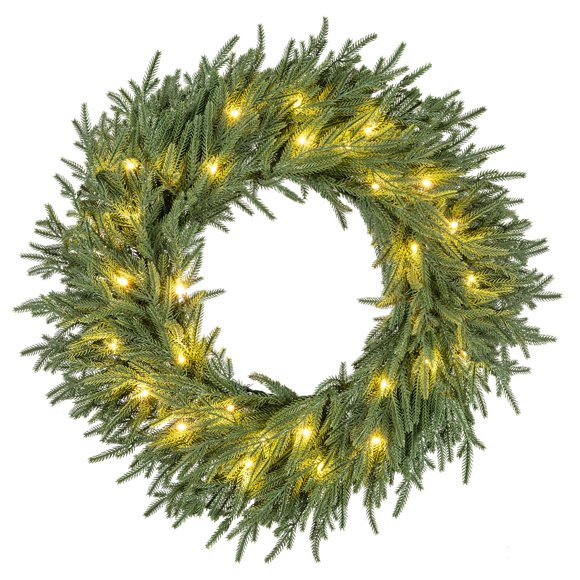 Gymax 24'' Outdoor Artificial Pre-Lit Christmas Wreath w/108 Branch Tips & 35 White LED Lights Green
