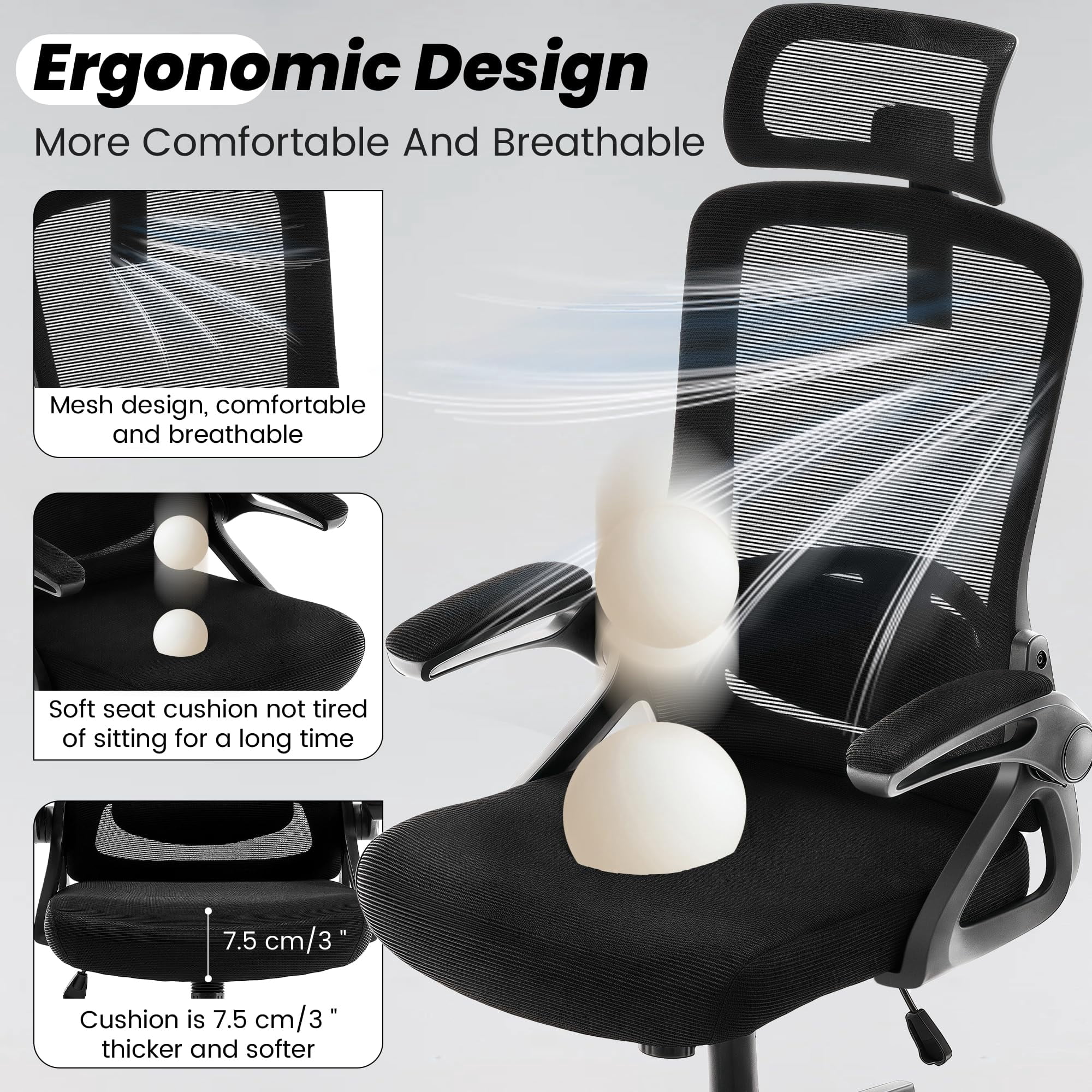Nexthro Ergonomic Office Chair, 400 LBS Computer Chairs with Adjustable Lumbar Support, Breathable Mesh Desk Chair Ergonomic with Thickened Cushion, Comfy Home Office Desk Chair (Black)