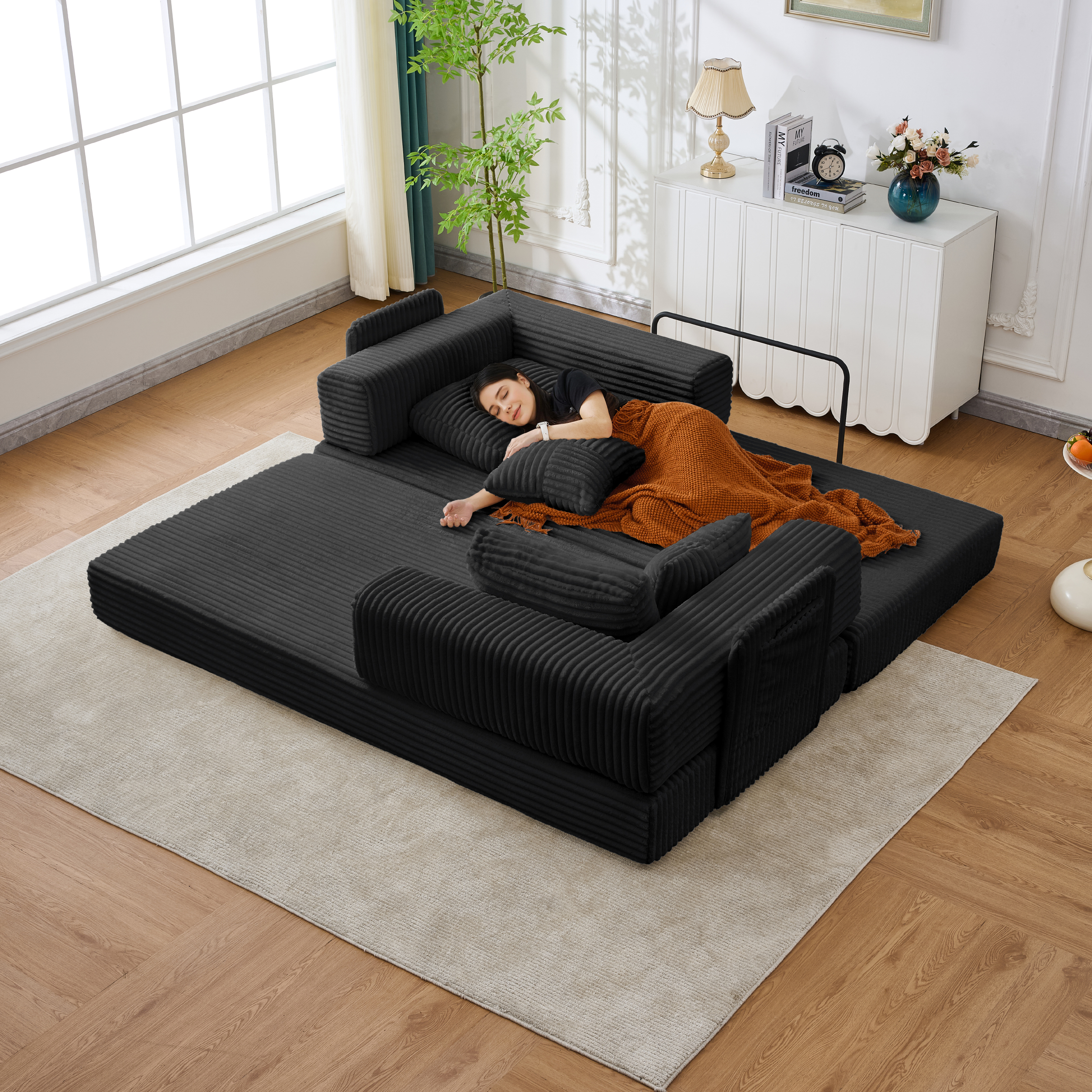 Convertible Foldable Sleeper Sofa Bed with Storage Pockets, No Assembly Folding Floor Couch with 4 Pillows, Daybed Futon, Black Upgraded