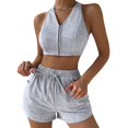 thumbnail image 1 of Conjunto de pantalones cortos informales sin mangas con cuello en V y cremallera para mujer, pantalones elásticos para primavera y verano, 1 of 8