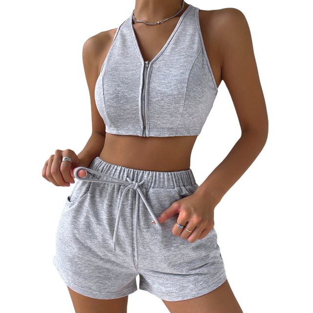 Conjunto de pantalones cortos informales sin mangas con cuello en V y cremallera para mujer, pantalones elásticos para primavera y verano