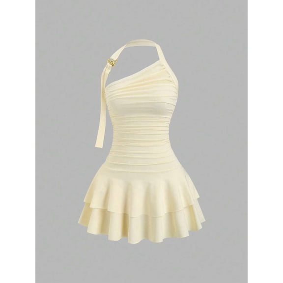 Light Yellow Halter One-Shoulder Ruched Waist Tiered Mini Dress For Women Spring Summer