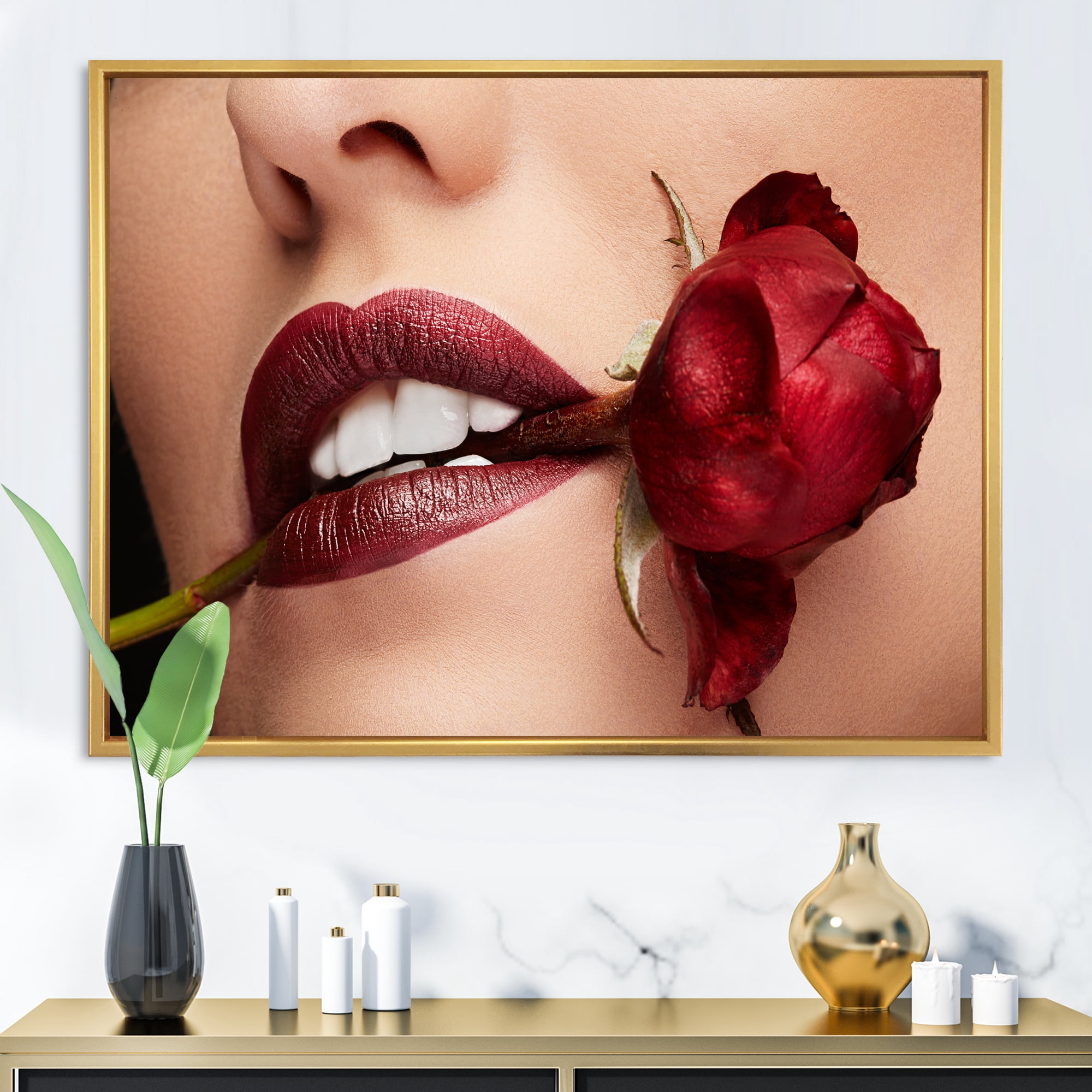 Designart 'Girl With Red Lipstick Holding A Rose In Mouth' Modern Framed Canvas Wall Art Print