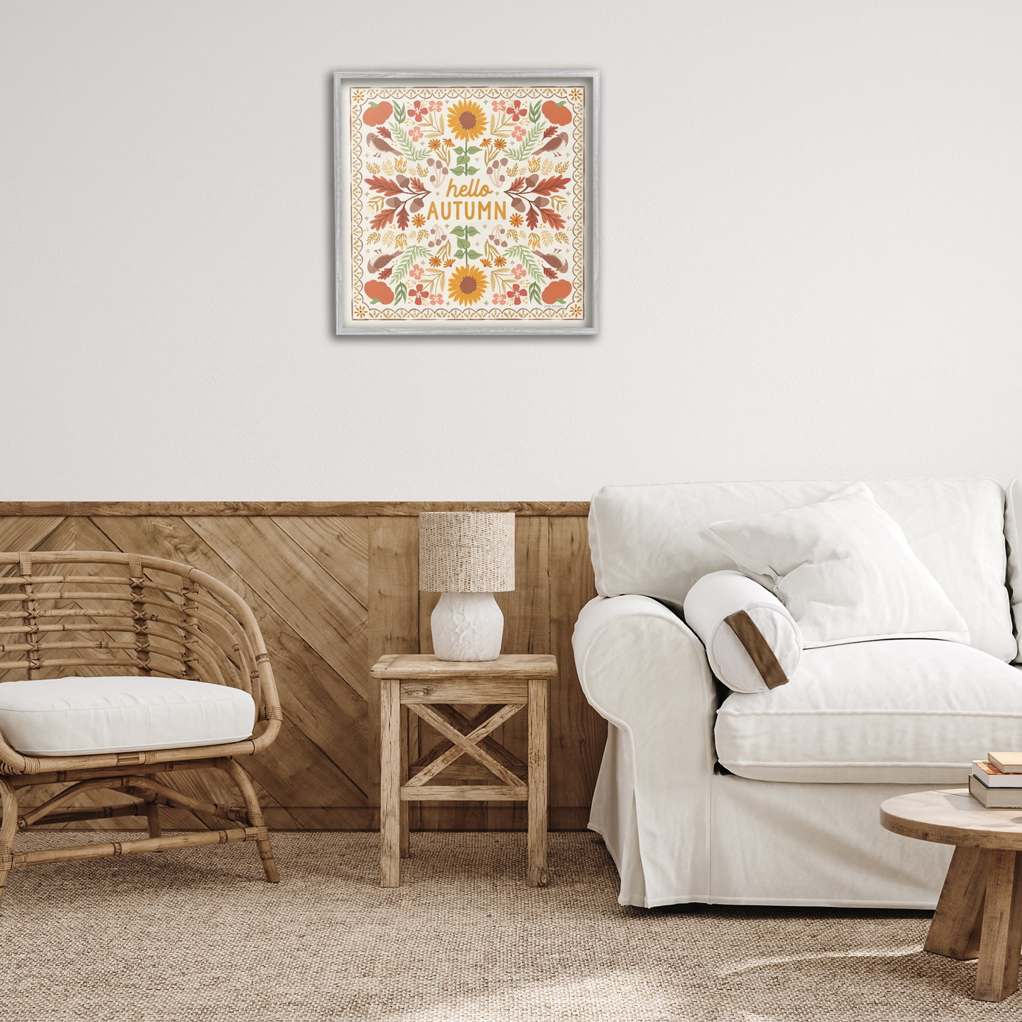 Stupell Industries Hello Autumn Pattern Landscape Painting Gray Framed Art Print Wall Art, 24 x 24