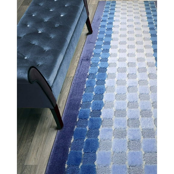 12Length Hallway Runner Rug,Resistant,Checkered Blue, 26 Inch X 14 feet, Sold and Priced Per Foot