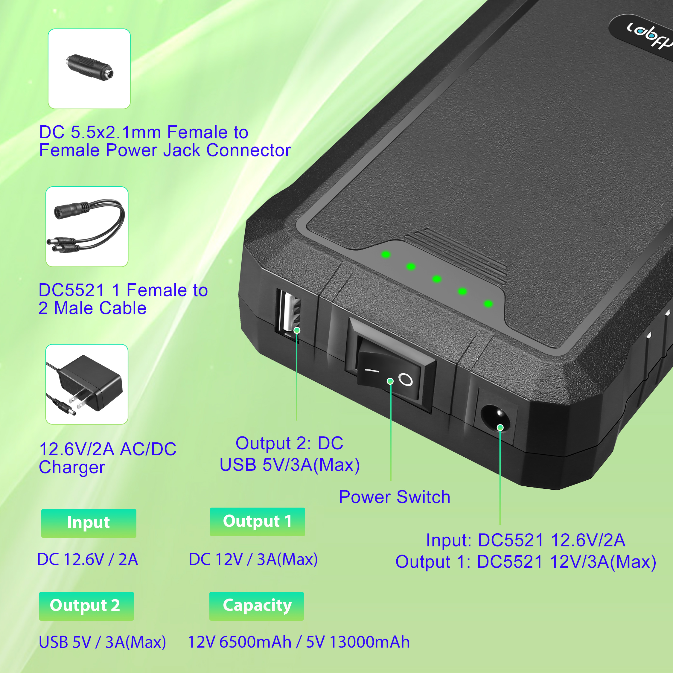 Rapthor 12V/5V Dual Output Rechargeable Power Bank – 6500mAh 12V & 13000mAh 5V Lithium-Ion Battery with Fast Charger