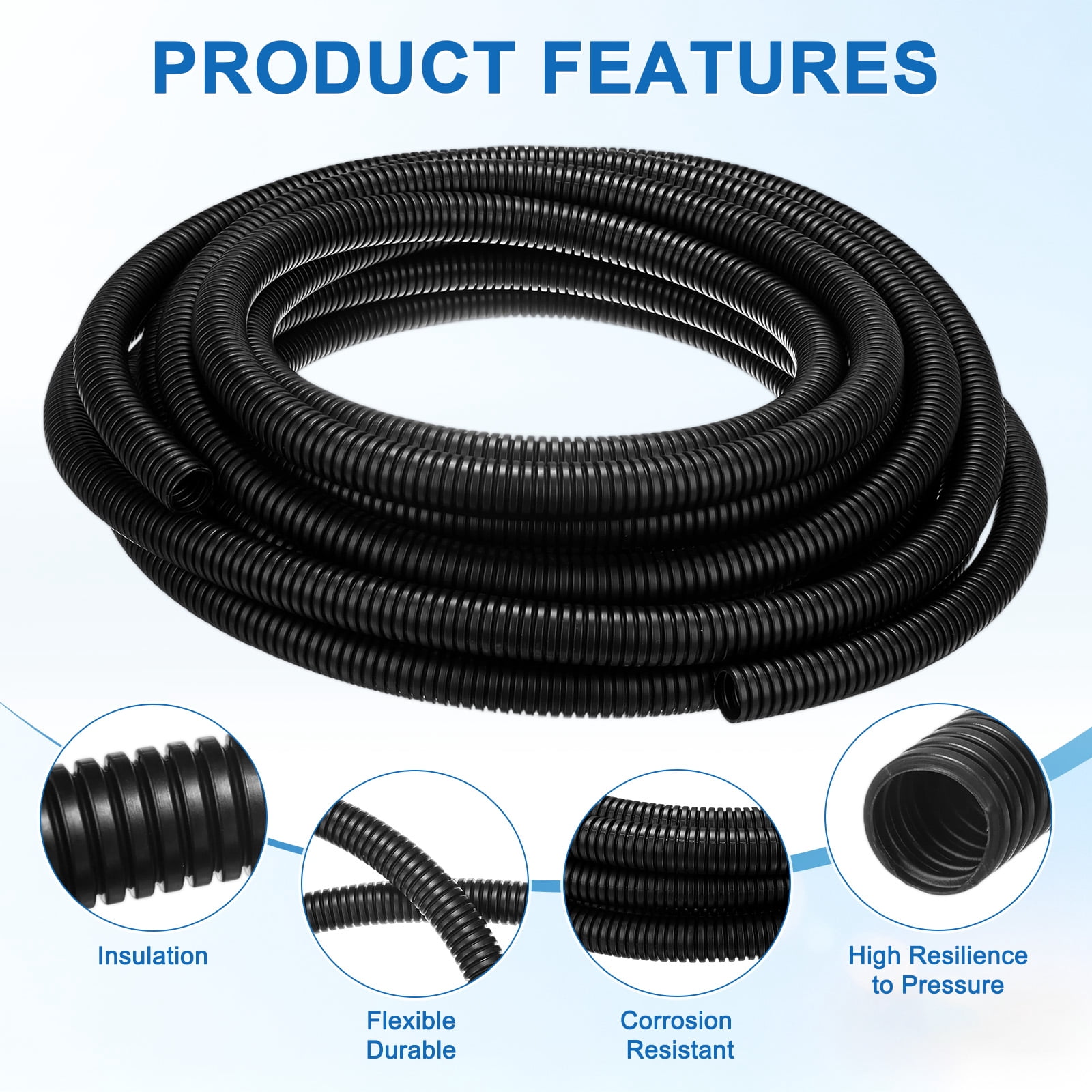 Uxcell 1/2" ID Pond Tubing, 26ft Corrugated Flexible Reinforced PP Hose Pipe Pump Tube for Garden Ponds/Waterfall Sump Pump Hose [Black]