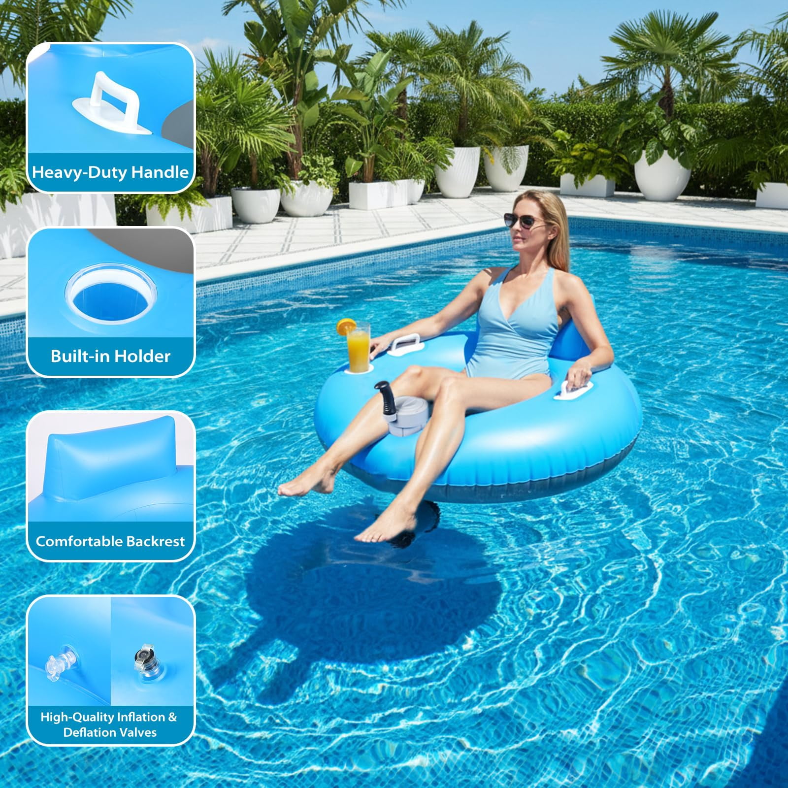 Foxlux Rechargeable & Inflatable Motorized Floats with Cup Holder – Single Motor Heavy Duty Electric Lounger Raft , Pool, Lake & Party Use