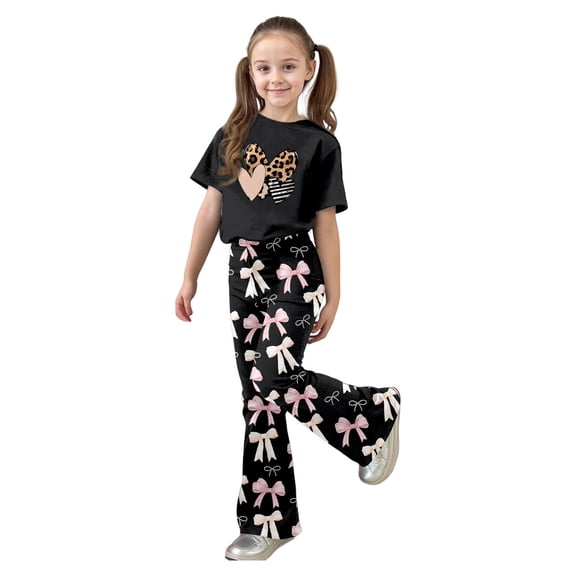 WOYY Girls Casual Outfits Cute Bow Heart Print Short Sleeve T Shirt Flare Pants Sets, Sizes 7-13