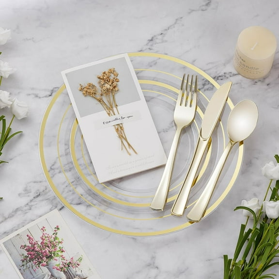 600PCS Clear Gold Dinnerware Set for 100 Guests
