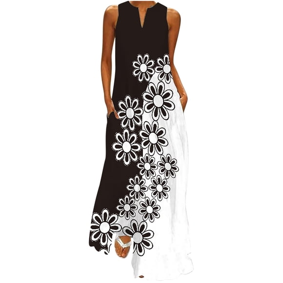 Casual Summer Dress Beach Wedding Dress,Women Floral Flowy Boho Maxi Dresses Sleeveless Sun Dresses V-Neck Vestidos De Verano Para Mujer Vestidos Elegantes De Mujer Para Fiesta