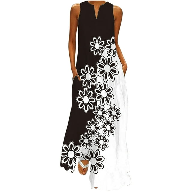 Pompotops Robe Longue Décontractée pour Femme avec Imprimé Rayé et Floral, Robe Maxi Sans Manches