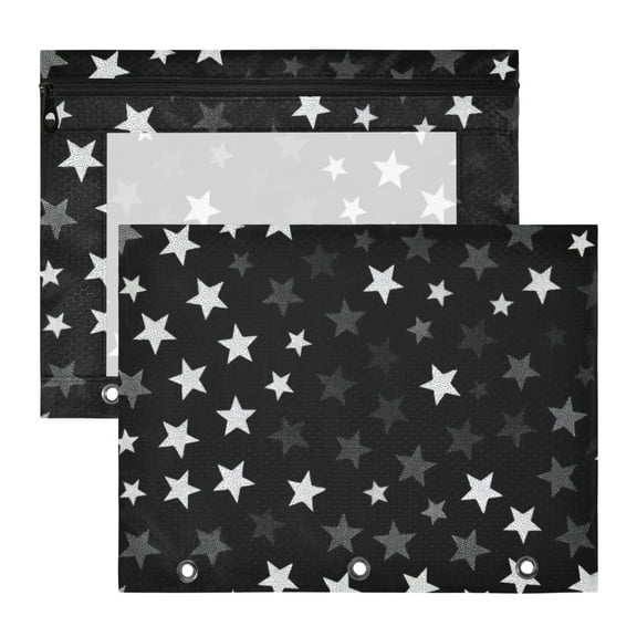 Stars on Black Background 3-Ring Binder Pouches A4 Size Zipper Pocket File Storage 2 Packs