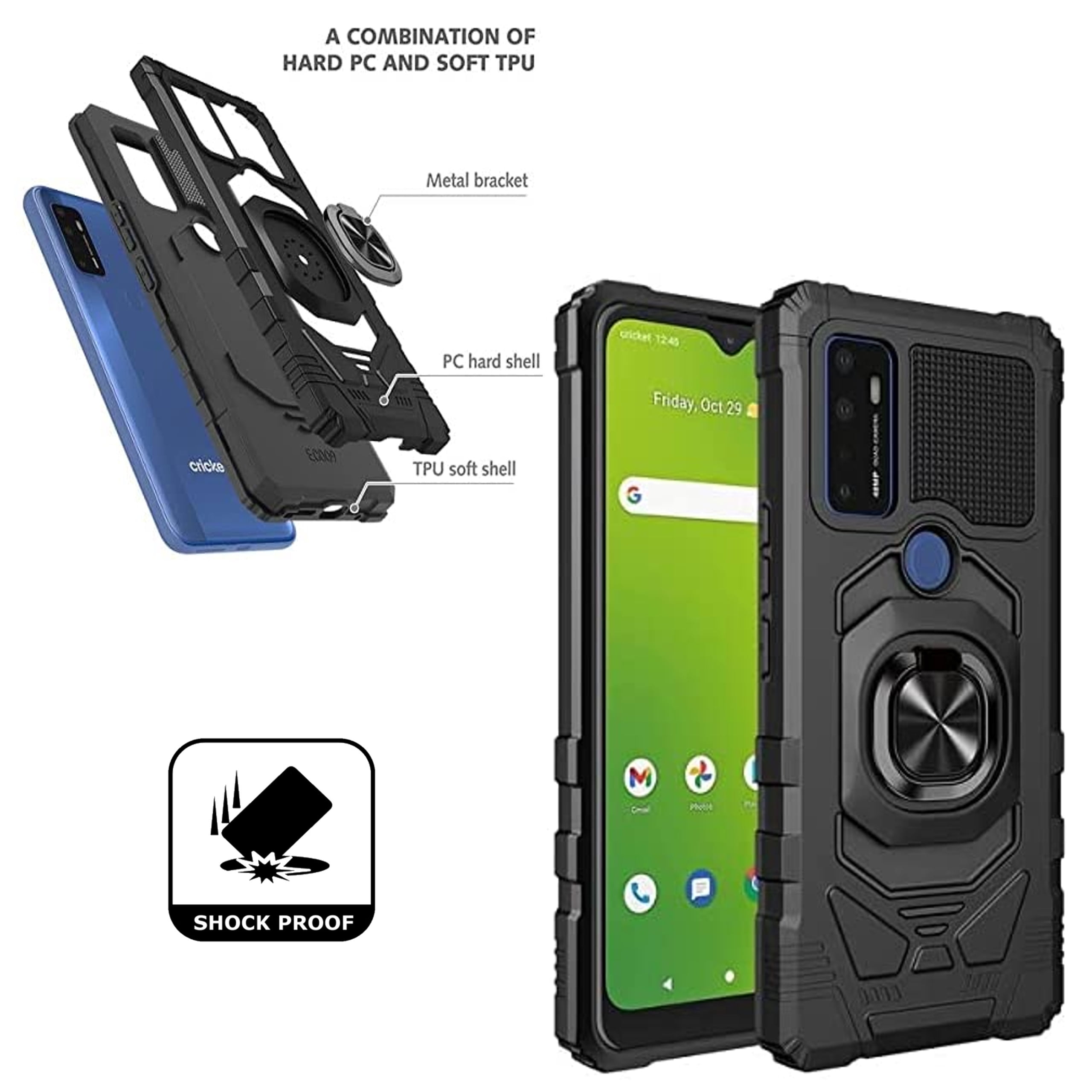 For BLU View 5 2024 Case Hybrid Magnetic Car Mount Ring Kickstand Stand Holder Full-Body Armor Hard Protective [Military Grade] Phone Cover - Black
