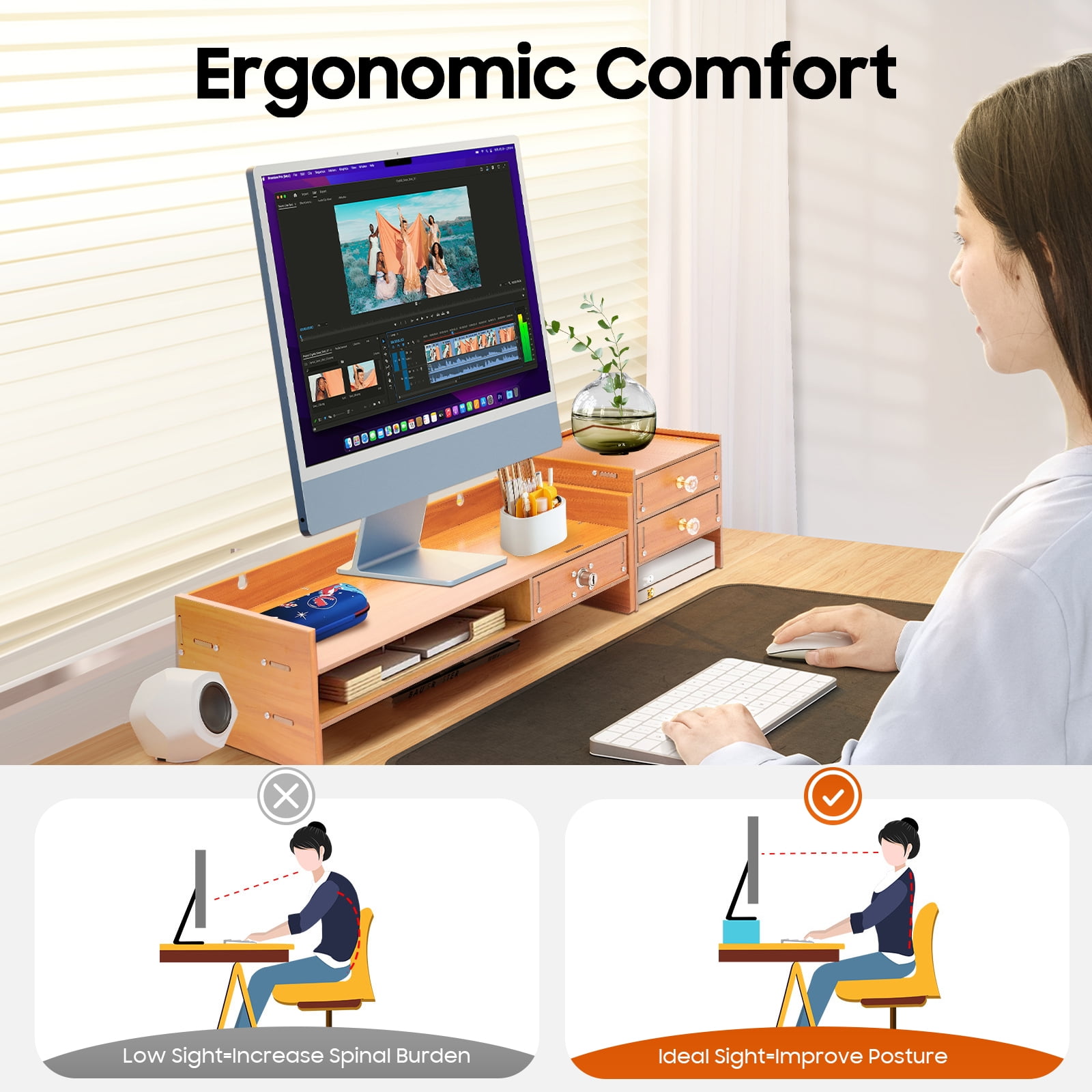 Desktop Storage Organizer with Lockable Drawer, Phone Holder & Keyboard Space, Ergonomic Monitor Riser for Office & Home
