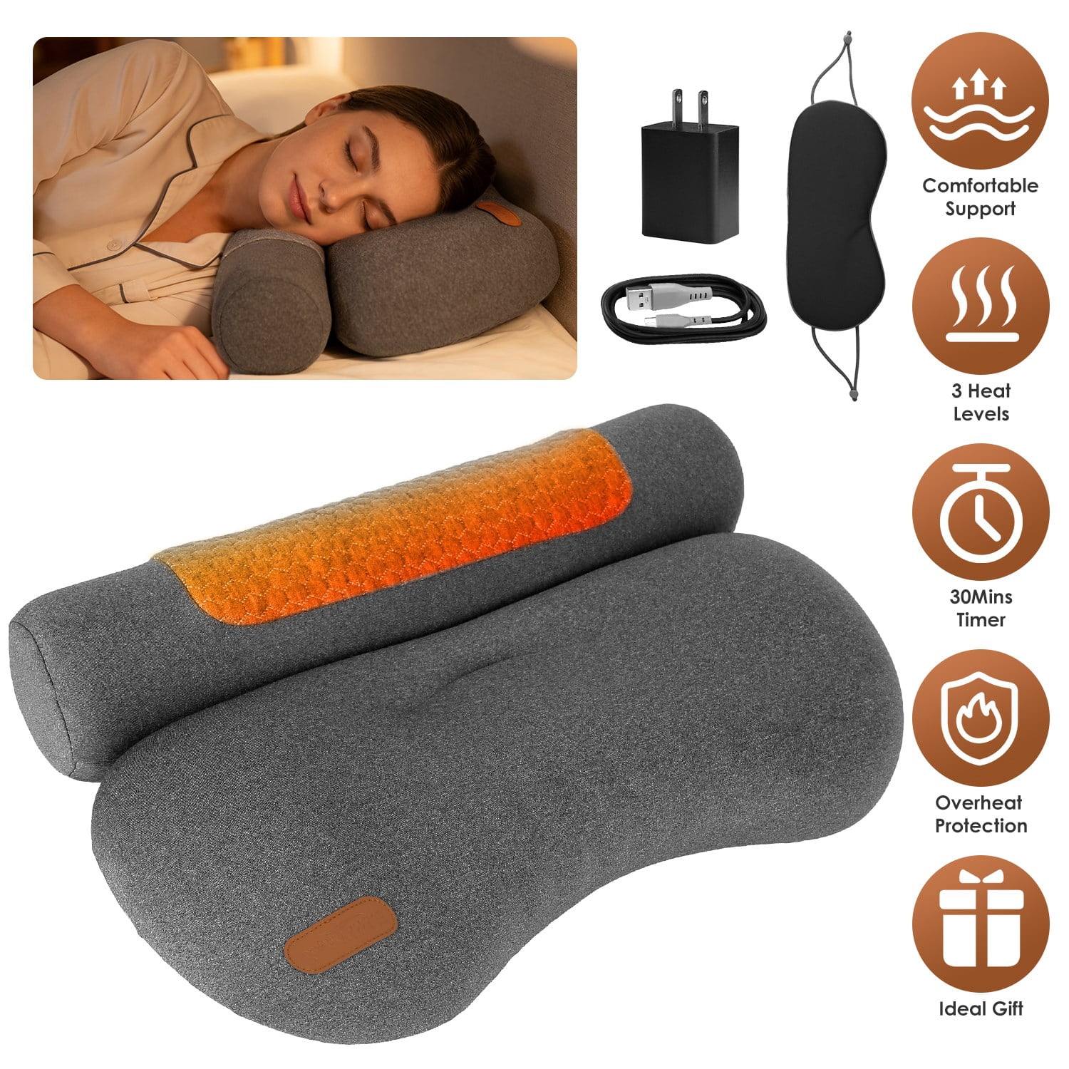 55D Heated Neck Pillow Memory Foam Cervical Support 3Heat Levels 30Mins Auto Off Overheat Protection Dark Grey Polyester Spandex USB Powered Home Office Travel Sleep Eye Mask Type C Adapter 17.72In