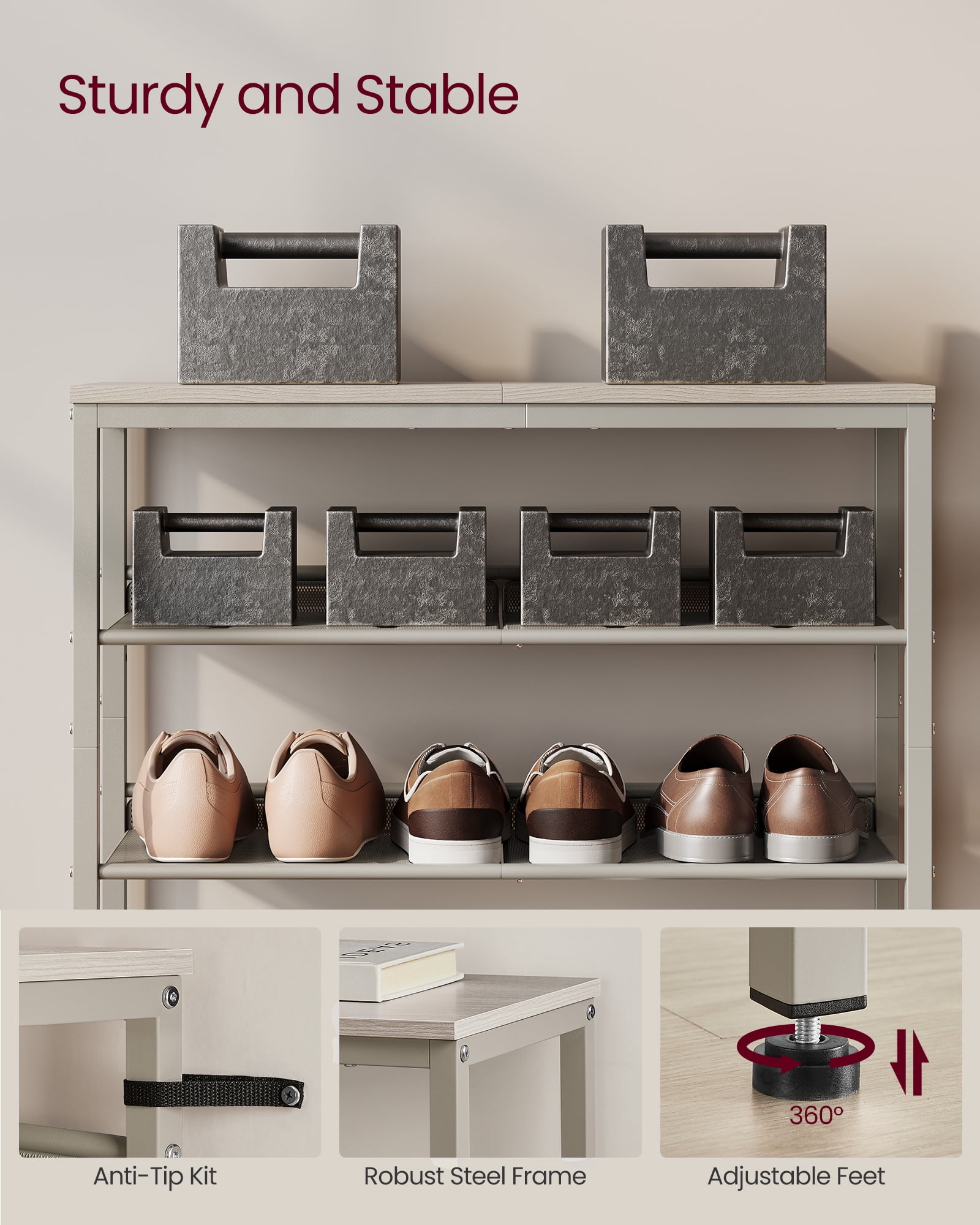 Shoe Rack, 5-Tier Shoe Rack Organizer for Closet Entryway with Storage Shelves and Top, Freestanding, Steel, Cappuccino Beige and Oatmeal Beige