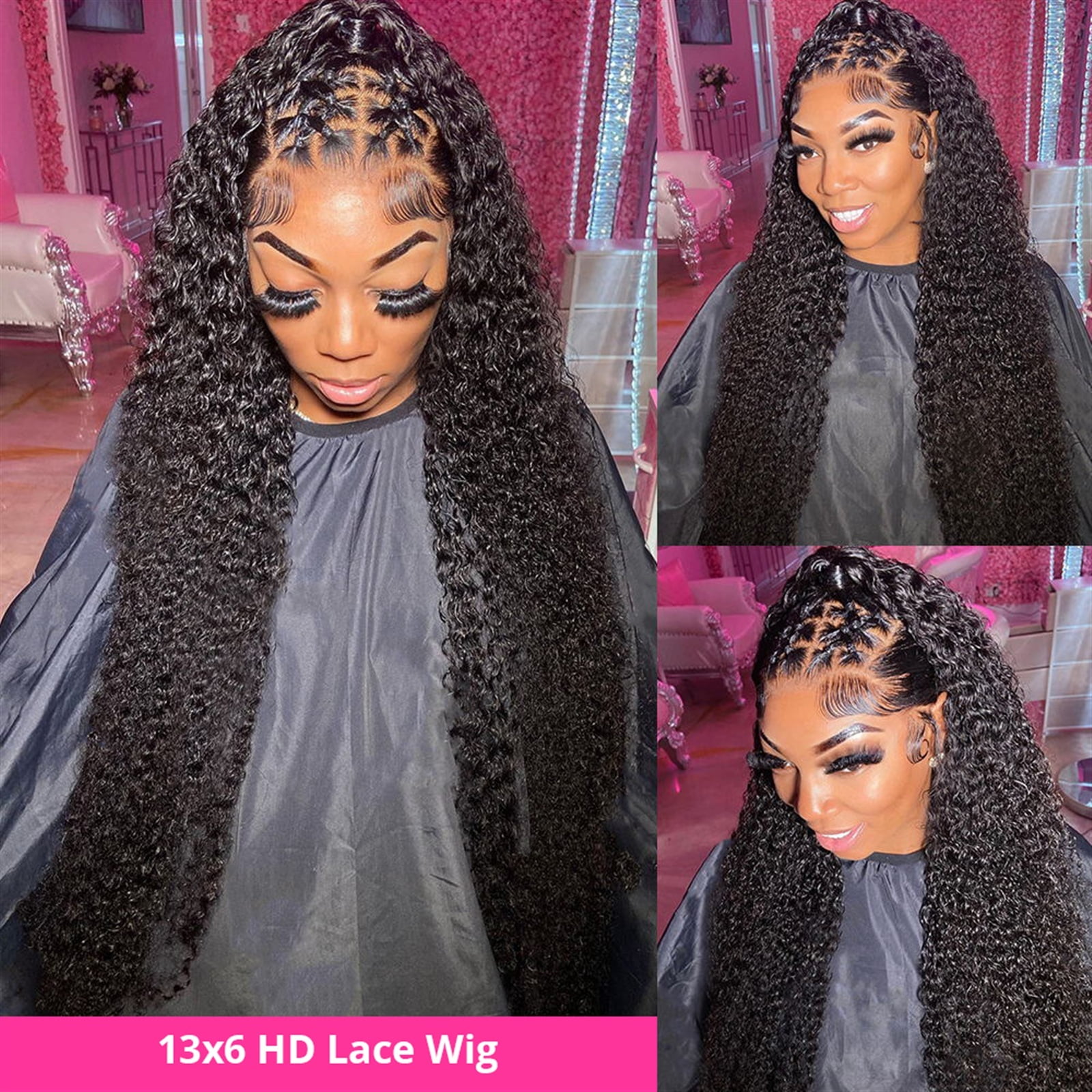 Long Deep Wave Lace Wig HD Transparent Lace Frontal Wig Human Hair Wig 180% Brazilian Remy Hair Wave Curly Lace Wig with Baby Hair for Black Women