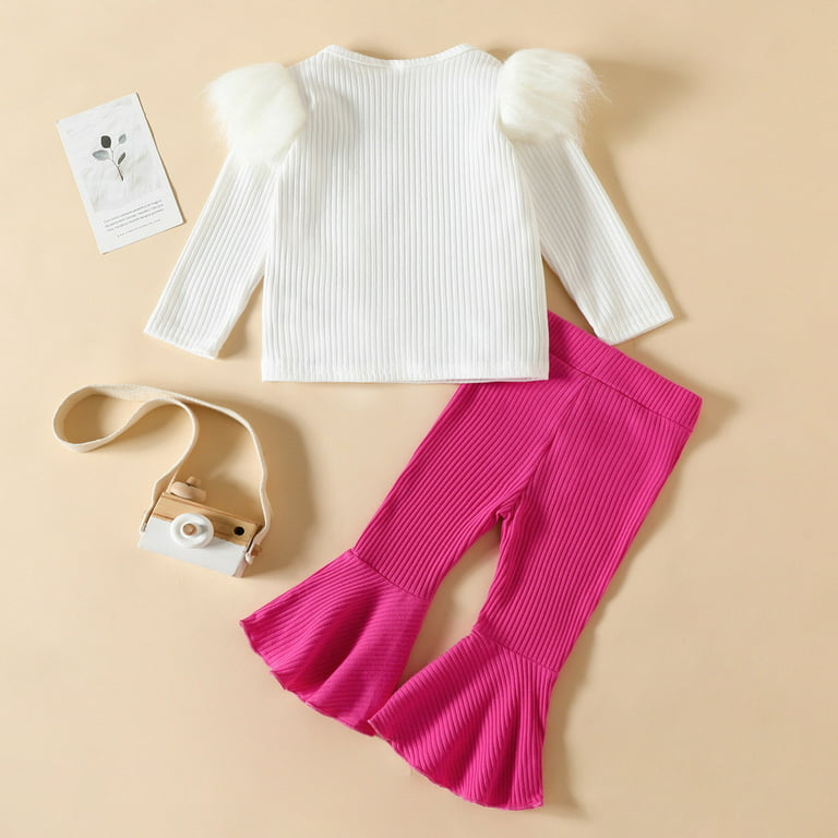 Baby Outfits For Girls Long Sleeve Solid Ribbed T Shirt Tops Bell Bottoms Flare  Pants Outfits Girls Clothing Hot Pink 3 Years-4 Years 