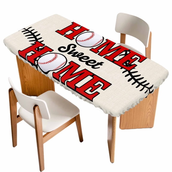 White Red Baseball Table Cloths for 6 Foot Rectangle Tables, Modern Art Funny Words Patio Waterproof Elastic Fitted Tablecloths, Washable Rectangular Table Cover for Camping