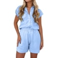 thumbnail image 2 of ClodeEU Women's Linen Blend Short Sleeve Top and Pants Set ,Solid Color Casual Two Piece Outfit Light Blue,Womens Plus XL, 2 of 8