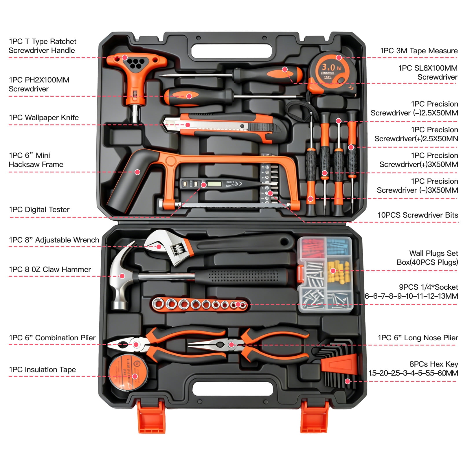 105 Piece Tool Set, General Household Hand Tool Kit with Hard Case, 72-Tooth Ratchet & Socket Set, S2 Drill Bits, Wire Stripper, Hammer, Voltage Tester, for Home DIY, Car Repair, Electrician