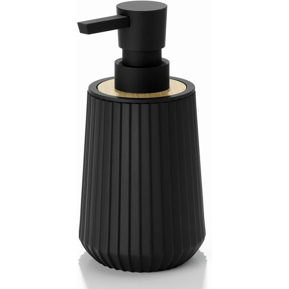 Hand Soap Dispenser for Bathroom and Kitchen, Modern Striped Style with Bamboo Decor Black