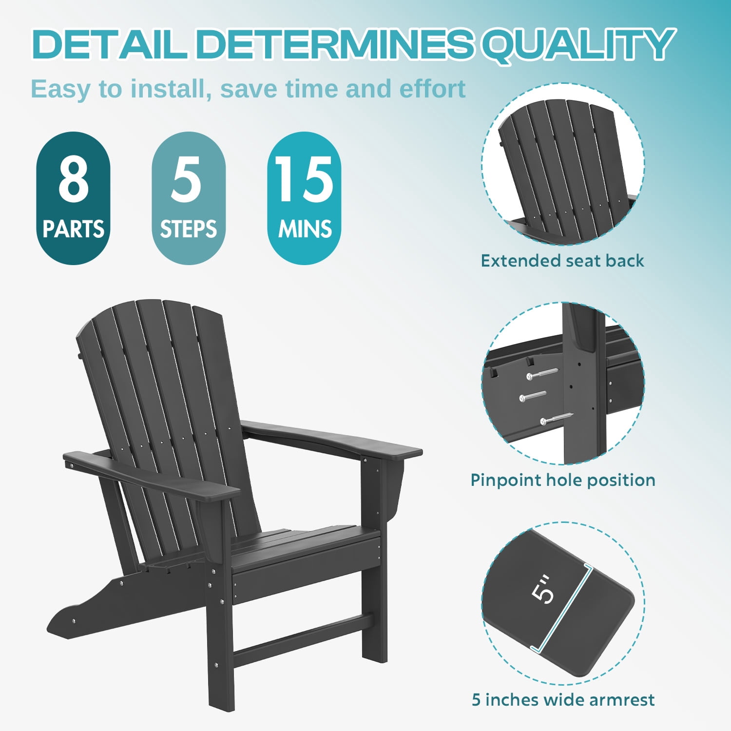 PIPOPA Outdoor Adirondack Chair, HDPE All Weather Patio Chair for Deck Backyard Garden, Grey