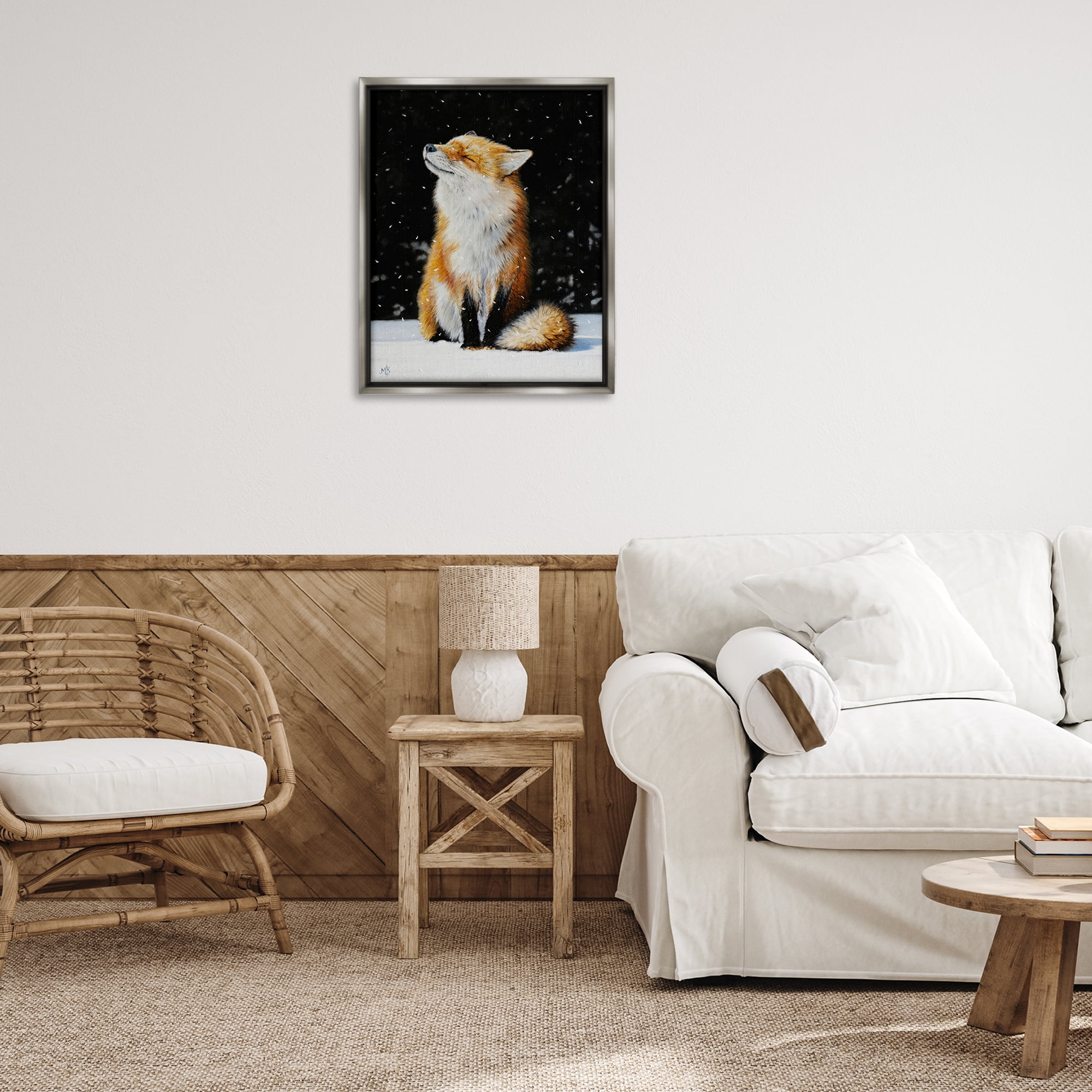Stupell Industries Blissful Fox with Snowflakes Animals Painting Gray Floater Framed Canvas Art Print Wall Art, 25 x 31