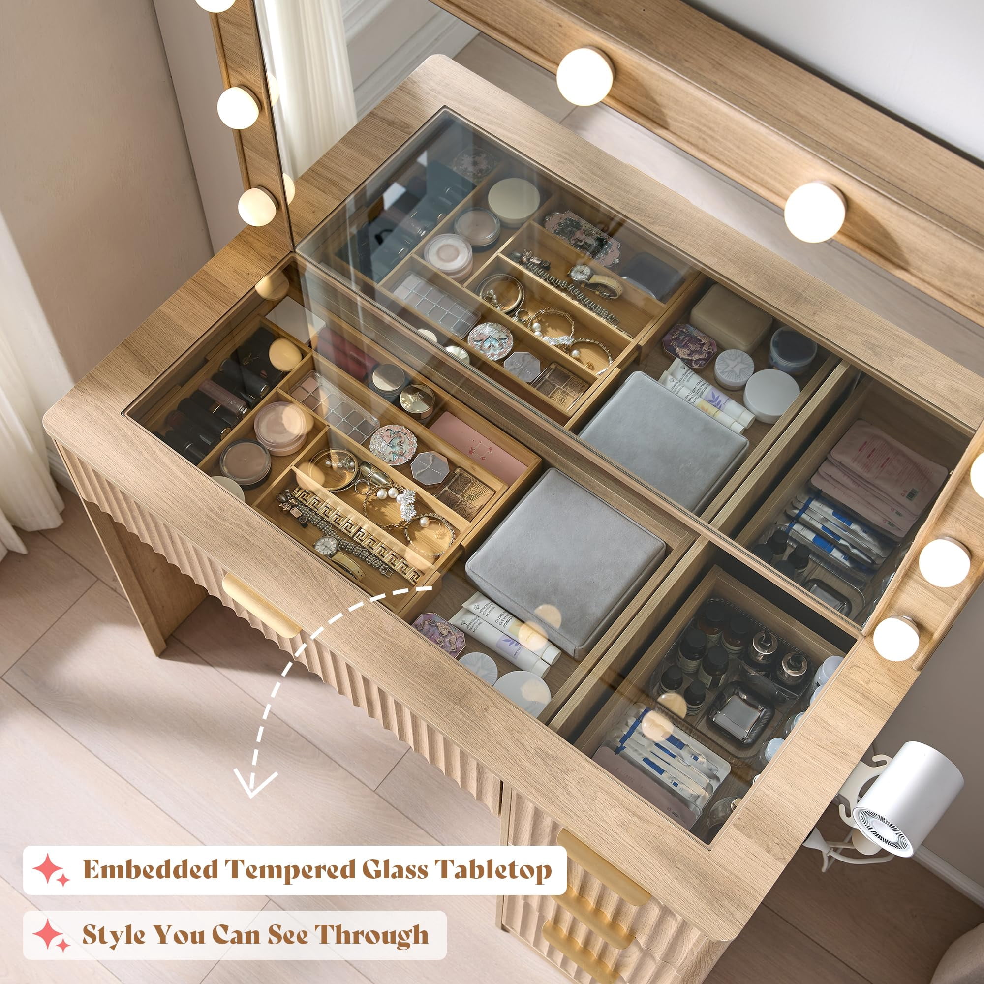 Merluxy 36.2" Girls Vanity Desk with Large Mirror and LED Lights, 4 Drawers Makeup Table with Glass Top and Charging Station for Women and Girls, Oak