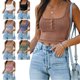 thumbnail image 1 of Blusa de punto sin mangas con cuello cuadrado y botón frontal para mujer, informal, para verano, color marrón XL, 1 of 6