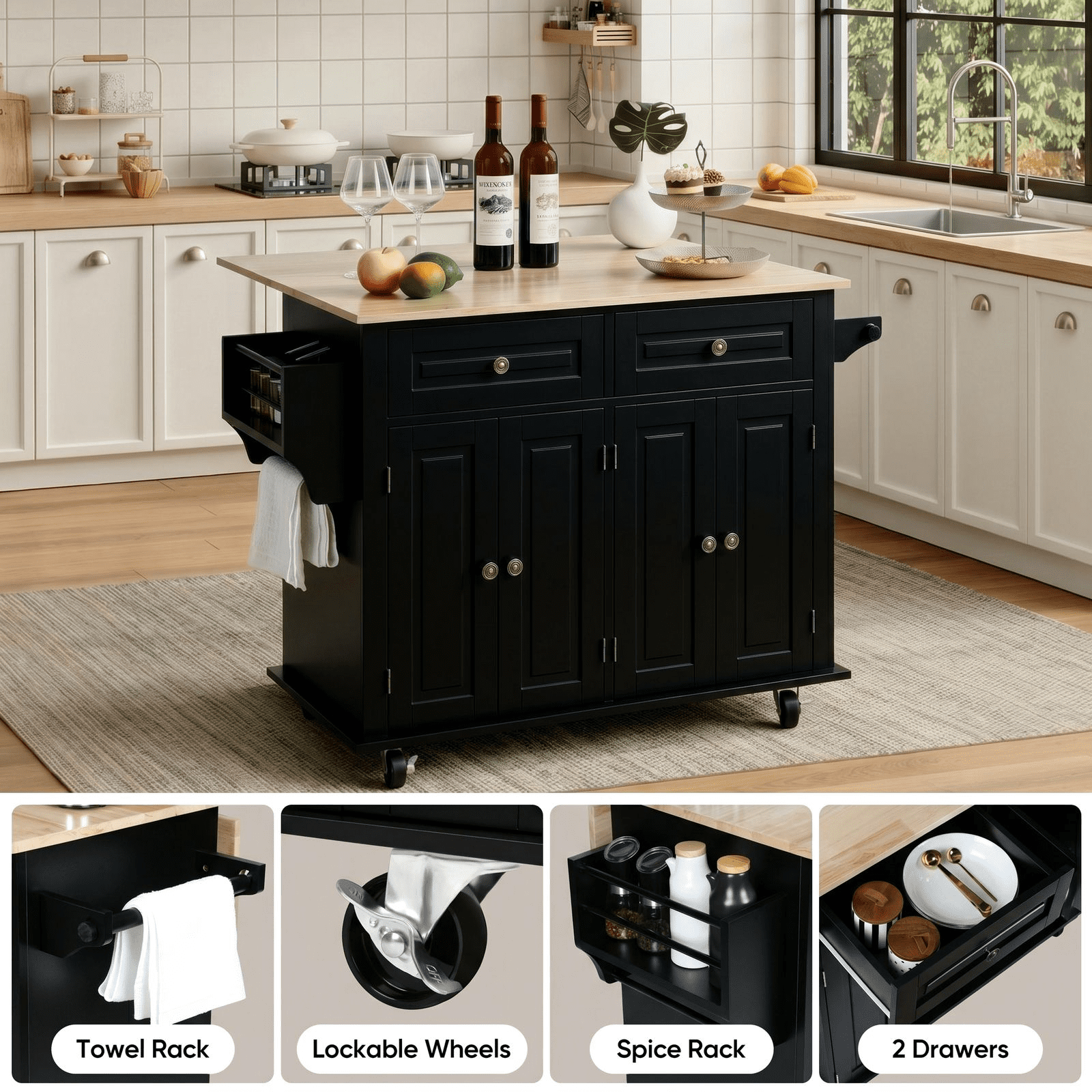 RichYa Rolling Kitchen Islands Cart on Wheels with Storage and Drop Leaf, Microwave Table with Rubber Wood Top, Drawers and Spice & Towel Rack,Black