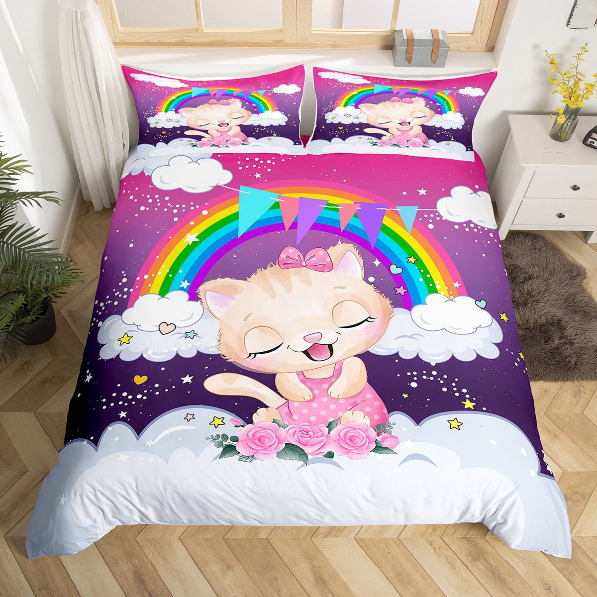 YST Rainbow Duvet Cover for Kids Girls,Cute Llama Bedding Set Twin