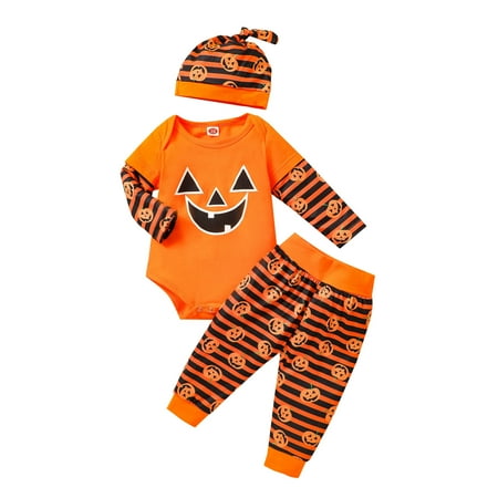 

XINSHIDE Infant Baby Boy Girl Festival Pumpkin Romper Bodysuit+Striped Pants Hat Outfits Baby Clothing