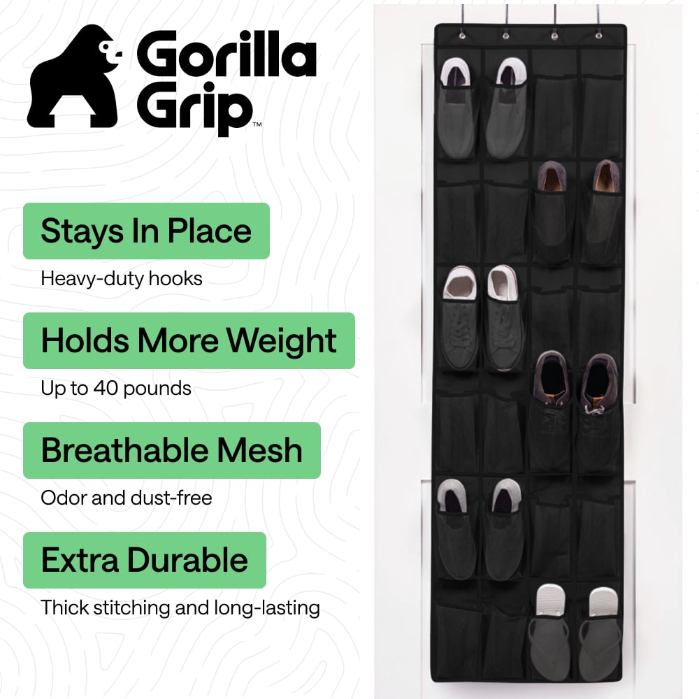 GORILLA GRIP 24 Pocket Over the Door Shoe Organizer, 2 Pack, Mesh Pockets, Up to 40 Pounds, Hang on Doors, Black